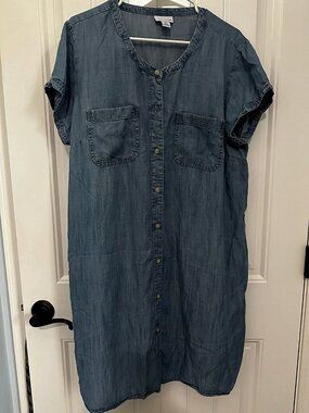 Liz Claiborne Chambray Denim Button-Front Shirt Dress, Short Sleeve, Women's XXL